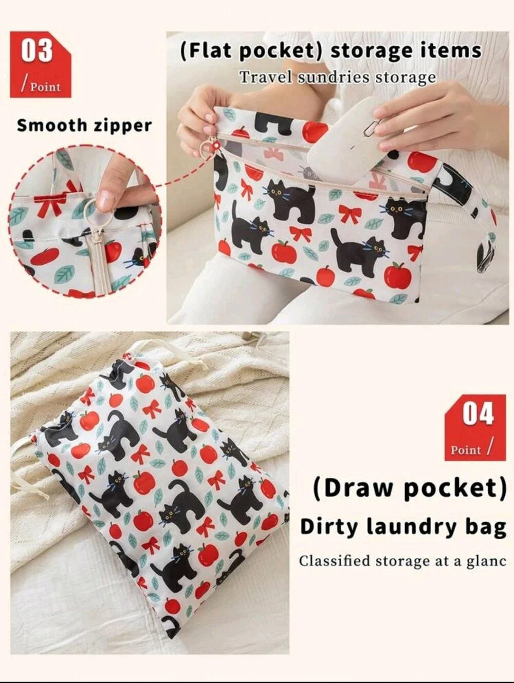 Cat & Apple Packing Cube Set - White with Black and Red Print